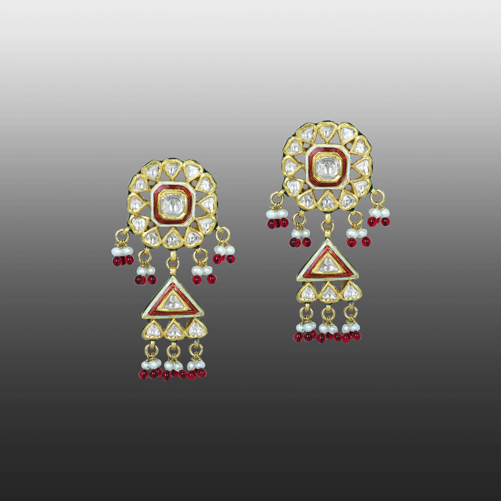 Circular Polki Earrings with Red Enamel, Triangular Drops, and Pearls